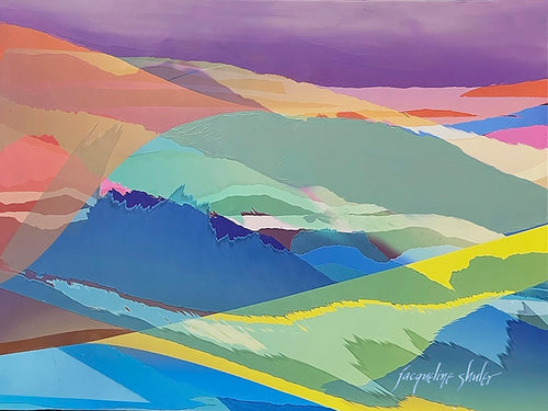 Colorado Bright Landscape — original abstract painting by Jacqueline Shuler featuring layered hills in violet, teal, sage, cobalt, and gold