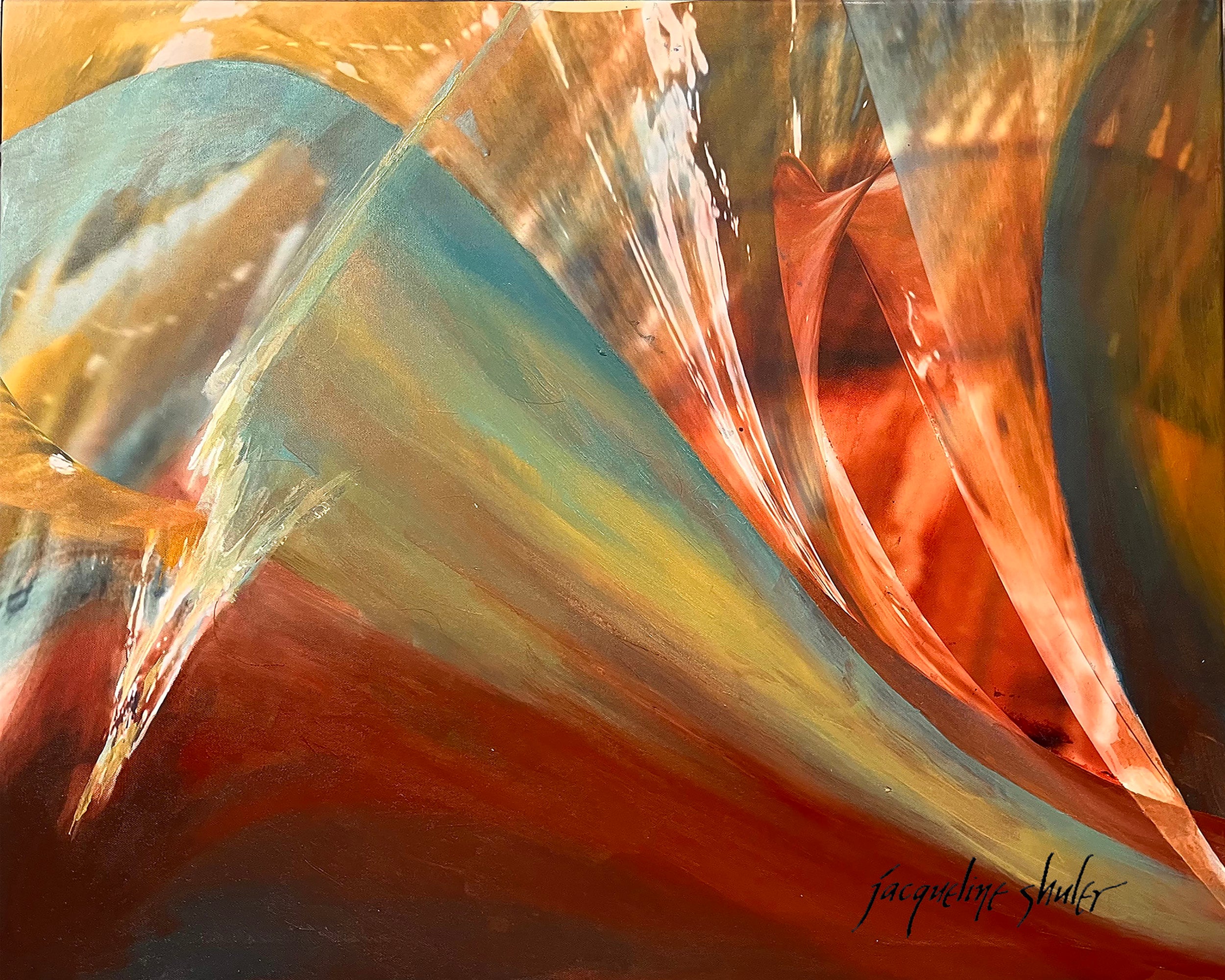 Burnt Sienna Flow — original abstract painting by Jacqueline Shuler featuring warm sienna, teal, and gold flowing brushwork